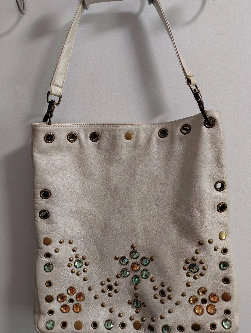 Steve Madden Cream Leather Studded Hobo Bag with Green and Amber Gems